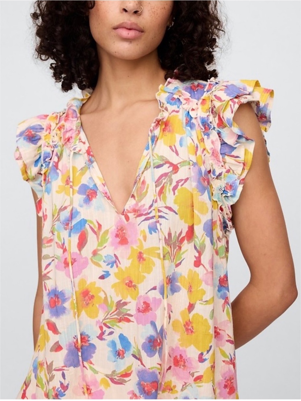 GAP Watercolor Floral Ruffle Tie Neck Blouse XL